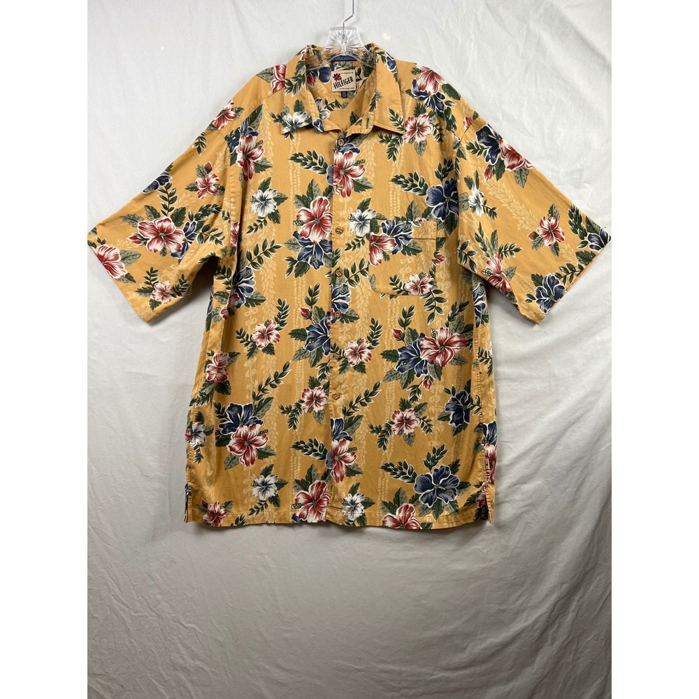 Tommy Hilfiger Button Up Shirt Mens 1XLT Yellow Floral Hibiscus Short Sleeve